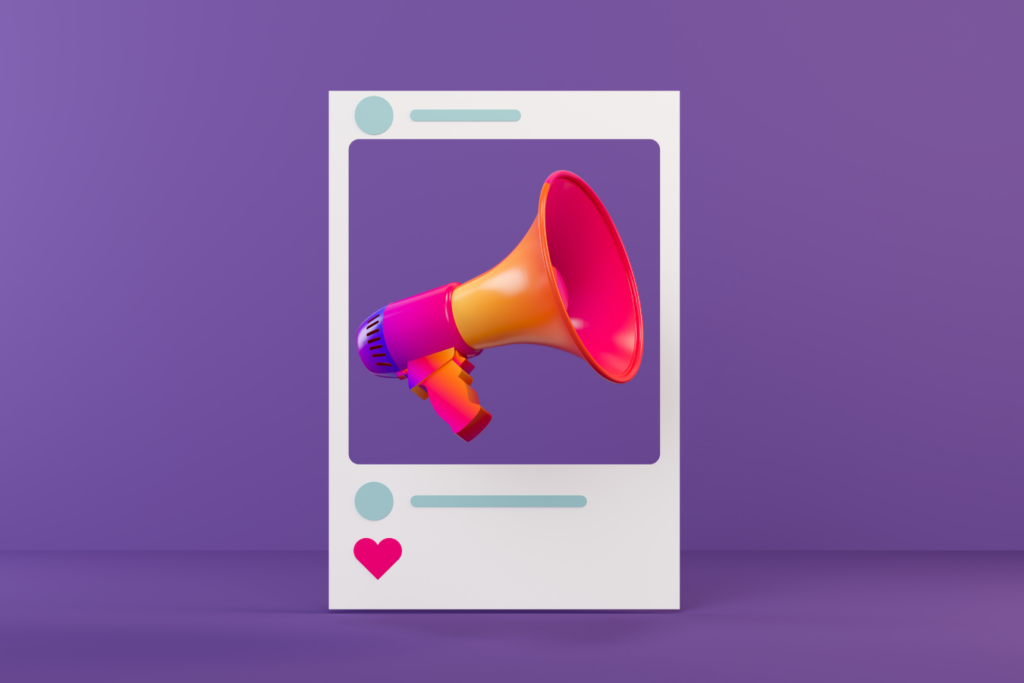 Pink and orange megaphone on purple background in social media post. Strong social media presence is important for independent artists. 